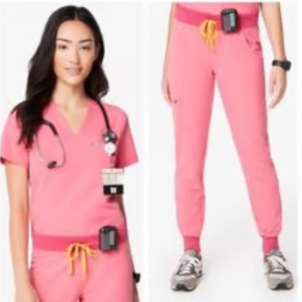 Figs neon pink Scrub Top and pants set